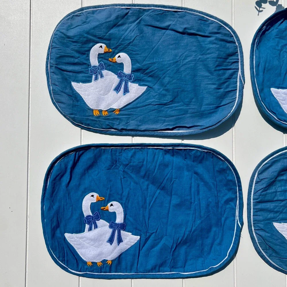 Vintage Handmade Geese with Bows Blue Placemats | Set of 4